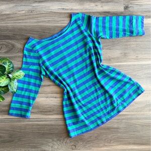 Lilly Pulitzer Blue Green Striped Boatneck 3/4 Sleeve Cotton Tee Size M
